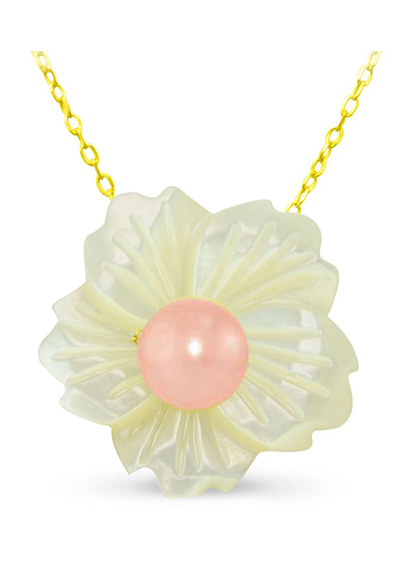 Vera Perla 18K Solid Yellow Gold Pendant Necklace for Women, with 19mm Flower Shape Mother of Pearl and 6-7mm Pearl Stone, White/Gold/Peach