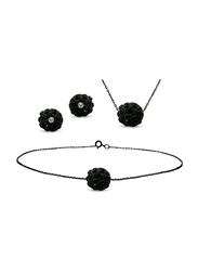 Vera Perla 3-Pieces 18K Solid Black Gold Earrings, Bracelet and Necklace Set for Women, with Necklace, Bracelet and Earrings, with 10 mm Crystal Ball, Black