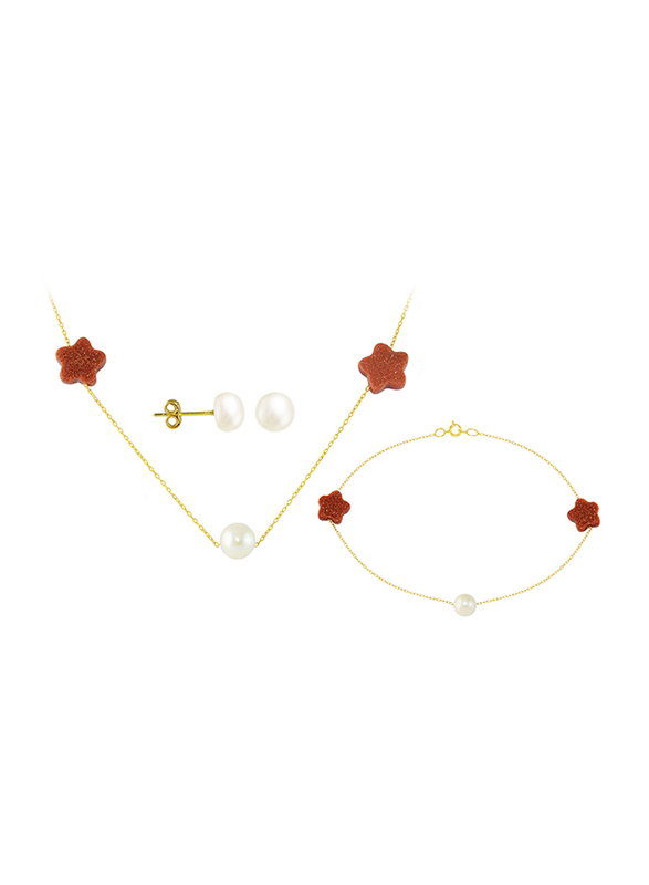 Vera Perla 3-Pieces 18k Gold Earring, Bracelet and Necklace Set for Women, with Necklace, Bracelet and Earrings, with Star Shape Sunstones and Pearl, Gold/White/Red