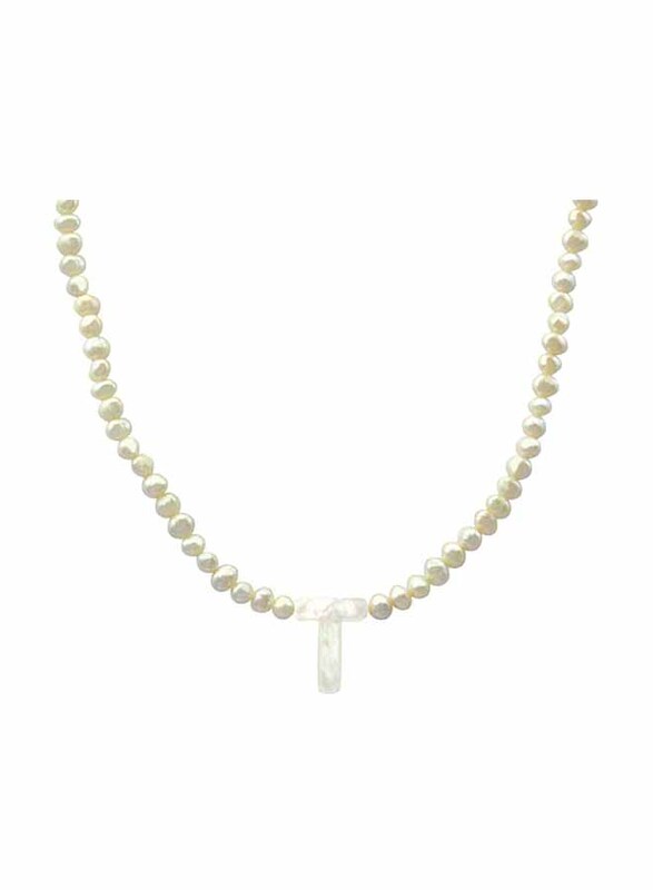 Vera Perla 10K Gold Strand Pendant Necklace for Women, with Letter T and Pearl Stones, White