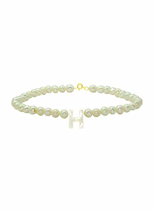 Vera Perla 18K Gold Strand Beaded Bracelet for Women, with Letter H Mother of Pearl and Pearl Stone, White