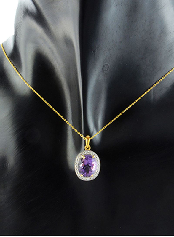 Vera Perla 18K Gold Necklace for Women, with 0.12ct Diamonds and Oval Cut Amethyst Stone Pendant, Gold/Purple