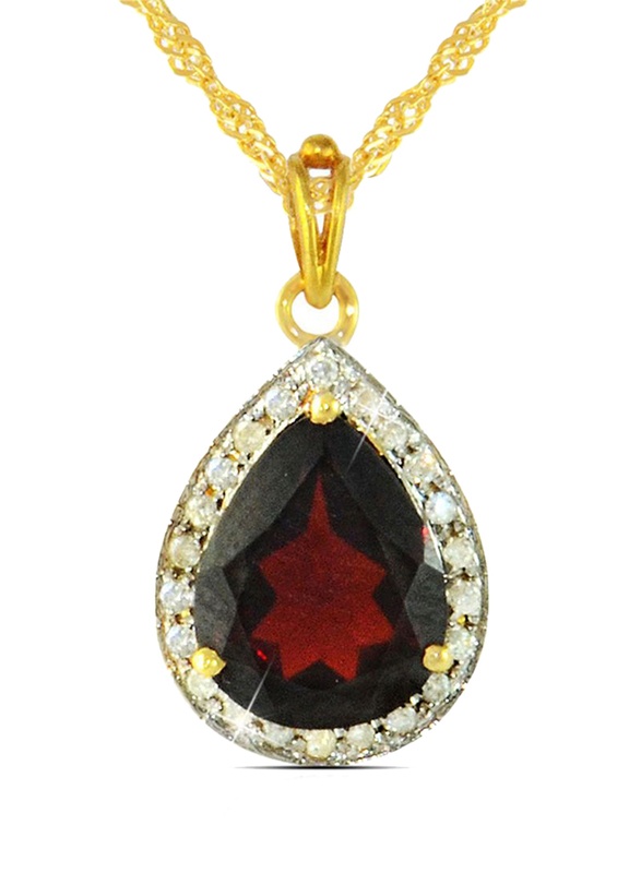 Vera Perla 18K Gold Necklace for Women, with 0.12ct Diamonds and Drop Cut Garnet Stone Pendant, Gold/Red