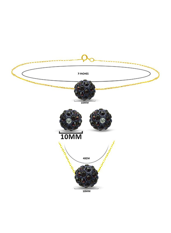 Vera Perla 3-Pieces 18K Solid Yellow Gold Simple Pendant Necklace, Bracelet and Earrings Set for Women, with 10mm Crystal Ball, Dark Purple/Gold