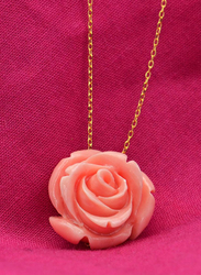 Vera Perla 18K Solid Yellow Gold Chain Necklace for Women, with 16mm Rose Carved, Pink/Gold