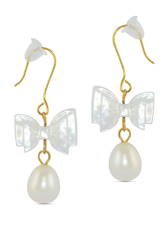 Vera Perla 18K Gold Bow Dangle Earrings for Women, with 7mm Pearl and 12 x 8mm Mother of Pearl Stones, White/Gold