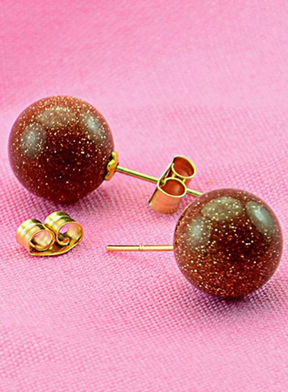 Vera Perla 10K Gold Balls Earrings for Women, with Sunstone, Brown
