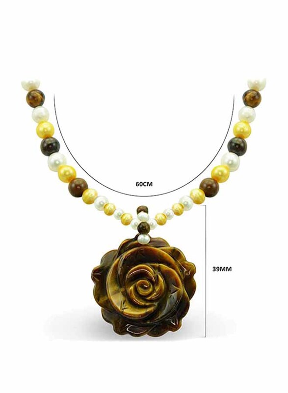 Vera Perla 10k Solid Yellow Gold Pendant Necklace for Women, with 5-10mm Pearls and Tiger Eye Stone, Brown/Yellow/White