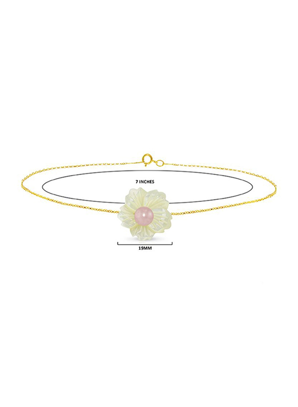 Vera Perla 18K Solid Yellow Gold Chain Bracelet for Women, with 19mm Flower Shape Mother of Pearl and 6-7mm Pearl Stone, Gold/White/Pink