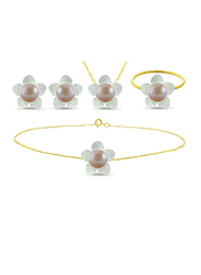 Vera Perla 5-Pieces 18k Solid Yellow Gold Jewellery Set for Women, with 13mm Mother of Pearl Flower Shape and 7mm Pearl, White/Purple