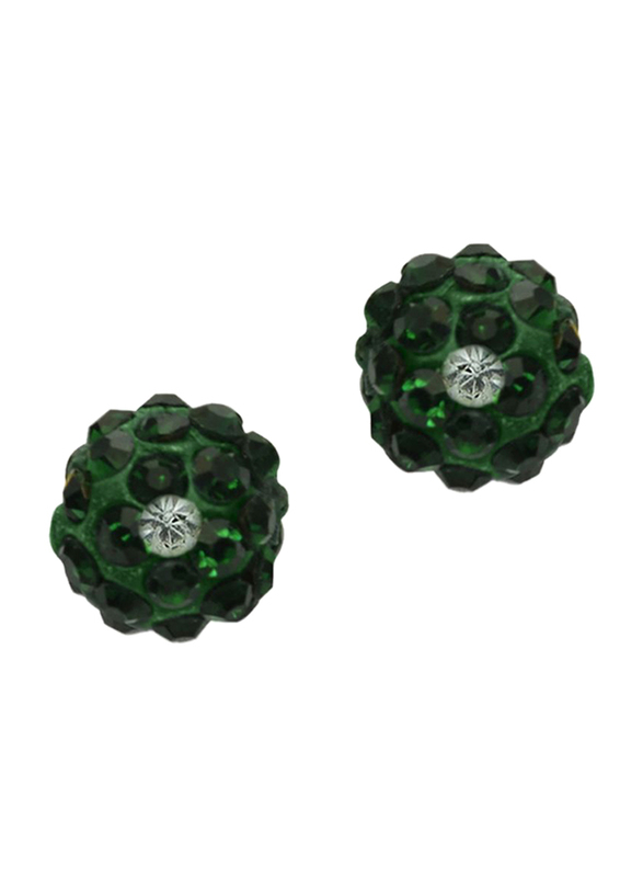 Vera Perla 10K Solid Gold Stud Earrings for Women, with 10 mm Crystal Ball, Gold/Dark Green
