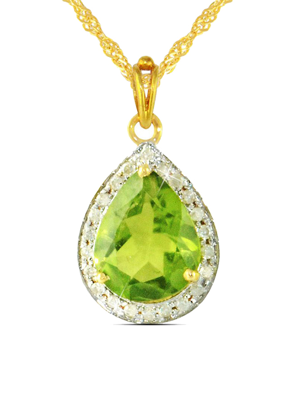 Vera Perla 18K Gold Necklace for Women, with 0.12ct Diamonds and Drop Cut Peridot Stone Pendant, Gold/Green