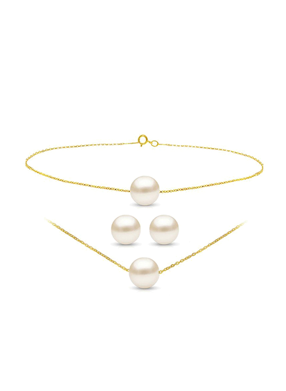 Vera Perla 3-Pieces 18K Yellow Gold Jewellery Set for Women, with Necklace, Earrings and Bracelet, with 6-7mm Pearl Stone, Gold/White