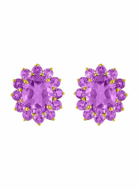 Vera Perla 18K Solid Gold Stud Earrings for Women, with Amethyst Stone, Purple/Gold
