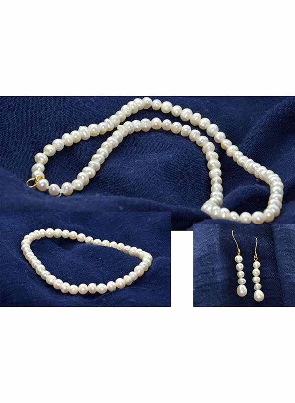 Vera Perla 3-Pieces 18K Gold Jewellery Set for Women, with Necklace, Bracelet and Earrings, with Pearl Stones, White