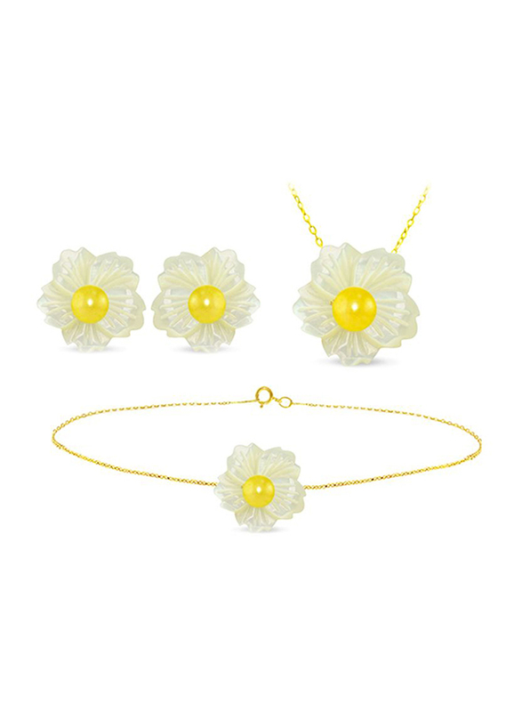 Vera Perla 3-Pieces 18K Solid Yellow Gold Pendant Necklace, Bracelet and Earrings Set for Women, with 19mm Flower Shape Mother of Pearl and 6-7mm Pearl, White/Gold/Yellow