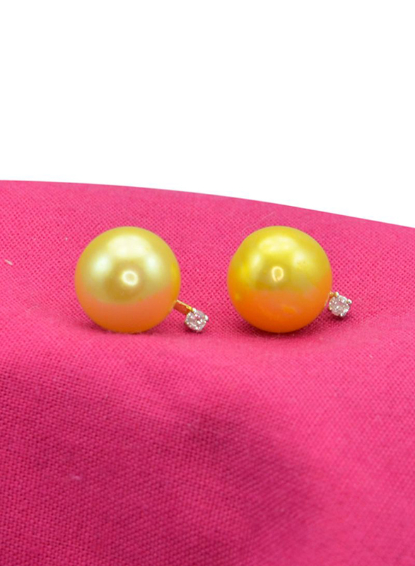 Vera Perla 18K Gold Earrings for Women, with 0.04 ct Diamonds and 9-10mm Pearl, Yellow