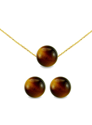 Vera Perla 2-Pieces 10K Gold Jewellery Set for Women, with Necklace & Earring, with Tiger Eye Stone, Brown/Gold