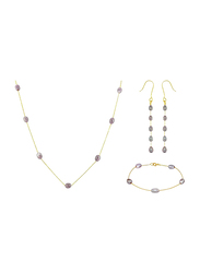 Vera Perla 3-Piece 18K Gold Jewellery Set for Women, with Pearls Stone, Necklace, Bracelet and Earrings, Gold/Purple