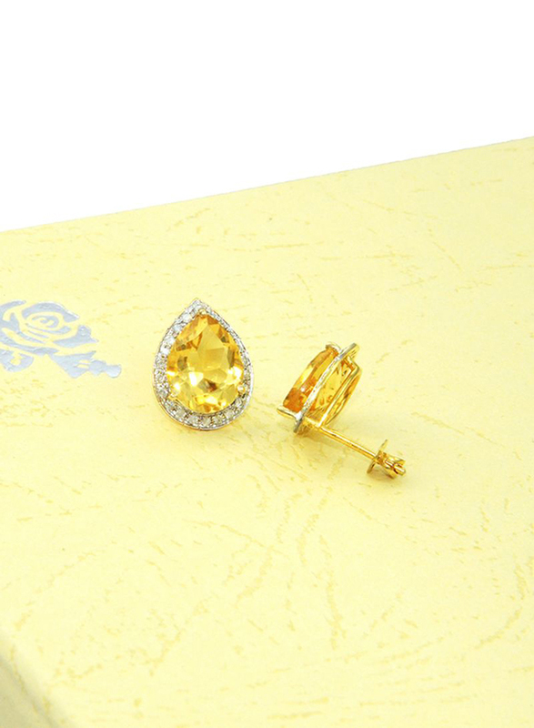 Vera Perla 18K Gold Stud Earrings for Women, with 0.24 ct Genuine Diamond and Drop Cut Citrine Stone, Yellow/Clear