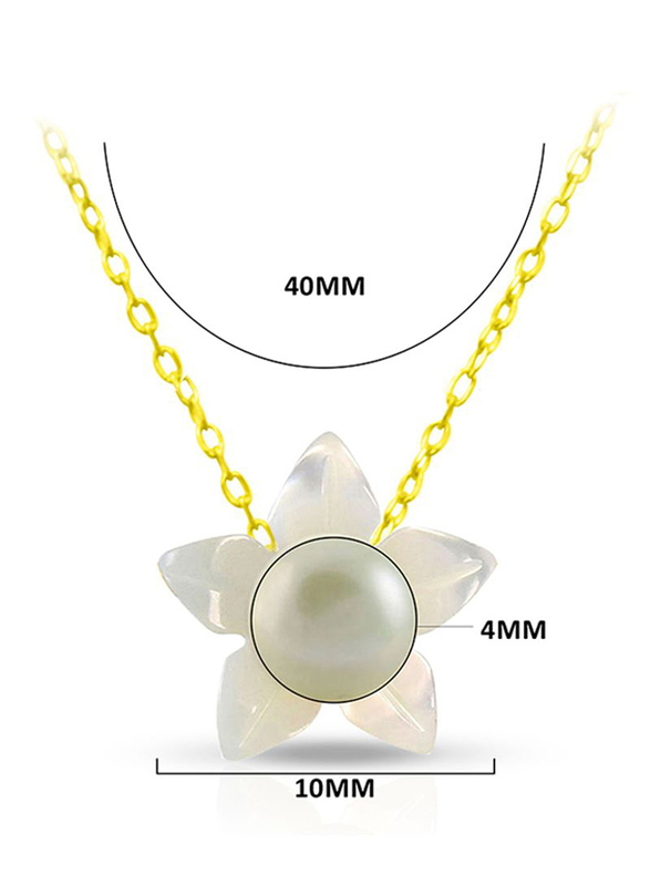 Vera Perla 18k Solid Yellow Gold Chain Necklace for Women, with Mother of Pearl Flower Shape and 4mm Pearl Pendant, White/Gold