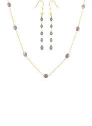 Vera Perla 2-Piece 10K Gold Jewellery Set for Women, with Pearls Stone, Necklace and Earrings, Gold/Purple