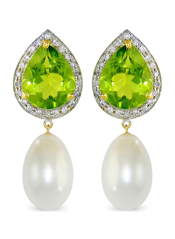 Vera Perla 18K Gold Pearl Stone Dangle Earring for Women, with 0.24 ct Genuine Diamond & Peridot Stone, Green