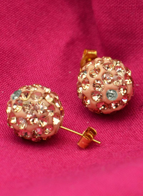 Vera Perla 10K Solid Gold Stud Earrings for Women, with 10 mm Crystal Ball, Gold/Peach