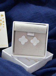 Vera Perla 18K Gold Stud Earrings for Women, with Plum Flower Shape Mother of Pearl Stone, White/Gold