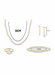 Vera Perla 4-Pieces 18K Gold Strand Jewellery Set for Women, with Necklace, Bracelet, Stud Earrings and Ring, with Pearl Stones, White