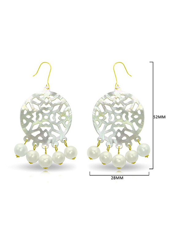 Vera Perla 18K Gold Chandelier Hoop Earrings for Women, with Mother of Pearl Stone, White/Gold