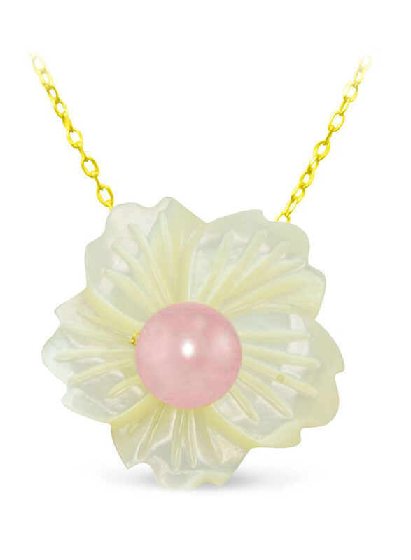 

Vera Perla 18K Solid Yellow Gold Pendant Necklace for Women, with 19mm Flower Shape Mother of Pearl and 6-7mm Pearl Stone, White/Gold/Pink