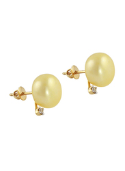 Vera Perla 18K Gold Buttons Earrings for Women, with 0.04 ct Diamond and Pearl Stone, Yellow/Gold