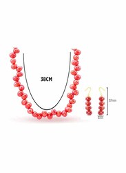 Vera Perla 2-Pieces 10K Gold Strand Jewellery Set for Women, with Necklace and Earrings, with Pearl Stones, Red