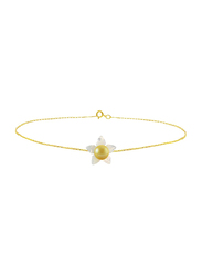 Vera Perla 18 Karat Solid Yellow Gold Chain Bracelet for Women, with 10mm Mother of Pearl Flower Shape and 4mm Pearl, Gold/Yellow