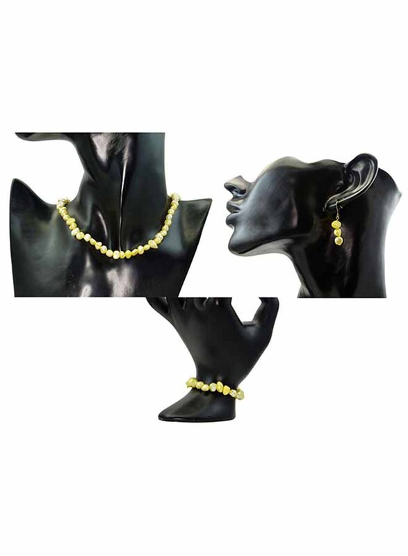 فيرا بيرلا طقم مجوهرات من الذهب عيار 10 قيراط للنساء مكون من سلسال و سوار وأقراط، مع حجر اللؤلؤ، أصفر