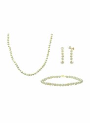 فيرا بيرلا طقم مجوهرات من الذهب عيار 18 قيراط للنساء من سلسال وسوار وأقراط، مع أحجار اللؤلؤ الحقيقي - أبيض