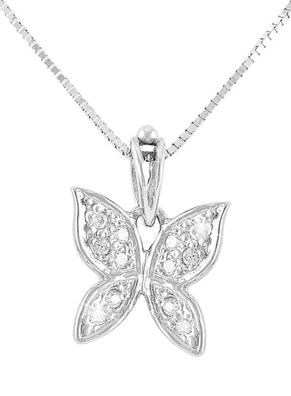 Vera Perla 18K White Gold Necklace for Women, with 0.06ct Diamond Stone Butterfly Pendant, Silver