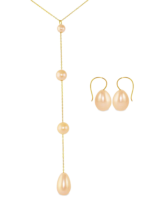 Vera Perla 2-Piece 18K Gold Jewellery Set for Women, with Necklace and Earrings, with Built-in Gradual and Drop Pearls Stone, Gold/Pink