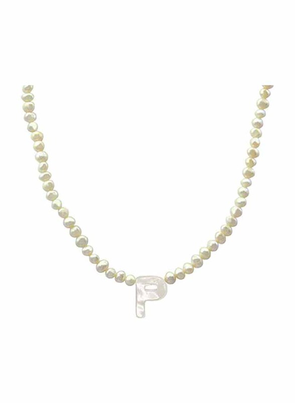 Vera Perla 18K Gold Strand Pendant Necklace for Women, with Letter P and Mother of Pearl Stones, White