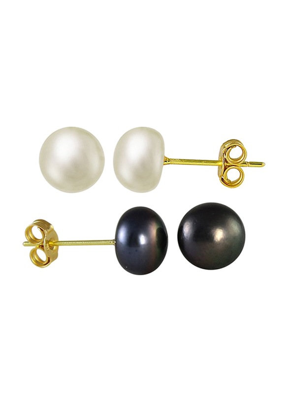 Vera Perla 2-Pieces 18K Yellow Gold Ball Earrings Set for Women, with Pearl Stone, Gold Black/White