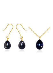 Vera Perla 2-Pieces 10K Gold Necklace Set for Women, with Earrings and Black Pearl Stone, Turquoise