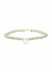 Vera Perla 18K Gold Strand Beaded Bracelet for Women, with Letter U Mother of Pearl and Pearl Stone, White
