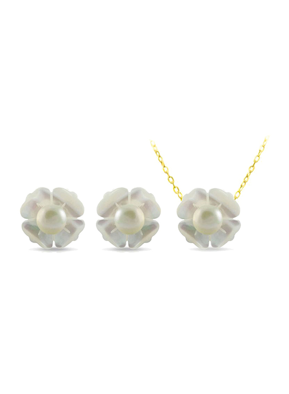 Vera Perla 2-Pieces 18K Solid Yellow Gold Jewellery Set for Women, with Necklace and Earrings, with 13mm Mother of Pearl Flower Shape, with 4 mm Pearl Stones, Gold/Jade