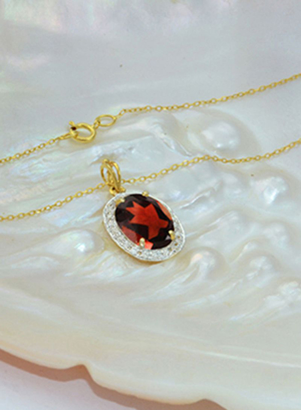 Vera Perla 18K Gold Necklace for Women, with 0.12ct Diamonds and Oval Cut Garnet Stone Pendant, Gold/Red