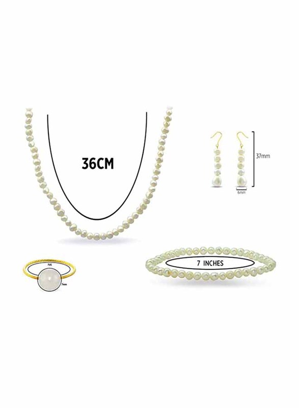 Vera Perla 4-Pieces 18K Gold Strand Jewellery Set for Women, with Necklace, Bracelet, Dangle Earrings and Ring, with Pearl Stones, White