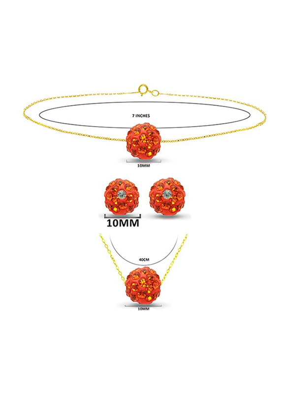 Vera Perla 3-Pieces 10K Solid Yellow Gold Simple Jewellery Set for Women, with Necklace, Earrings and Bracelet, with 10 mm Crystal Ball, Orange/Gold