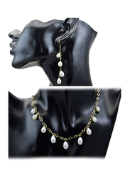 Vera Perla 2-Pieces 18K Gold Drops Jewellery Set for Women, with Necklace and Earrings, with Pearl Stone, White/Gold