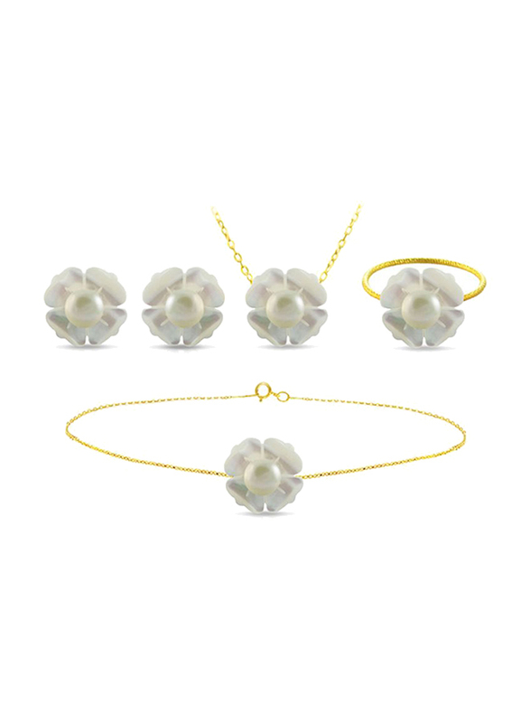 Vera Perla 4-Pieces 18K Solid Yellow Gold Jewellery Set for Women, with Necklace, Bracelet, Earrings and Ring, with 13mm Mother of Pearl Flower Shape, with 4 mm Pearl Stones, Gold/Jade