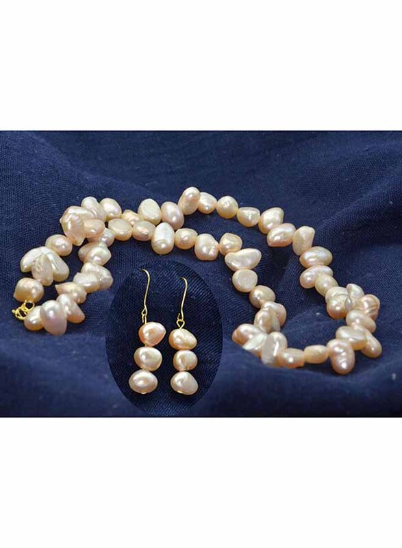 Vera Perla 2-Pieces 18K Gold Strand Jewellery Set for Women, with Necklace and Earrings, with Pearl Stones, Rose Gold